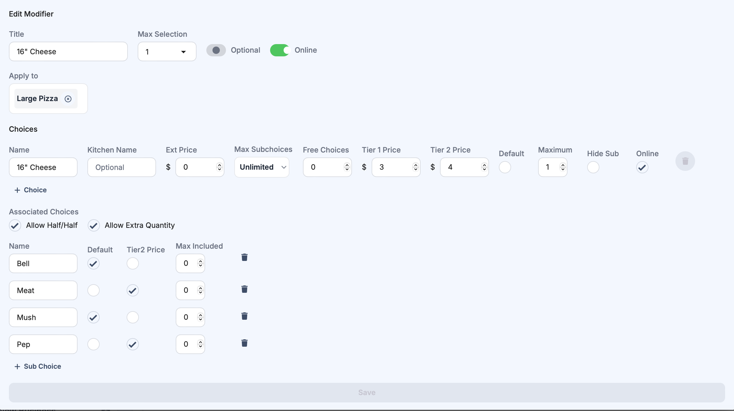 Modifier Subchoice Form
